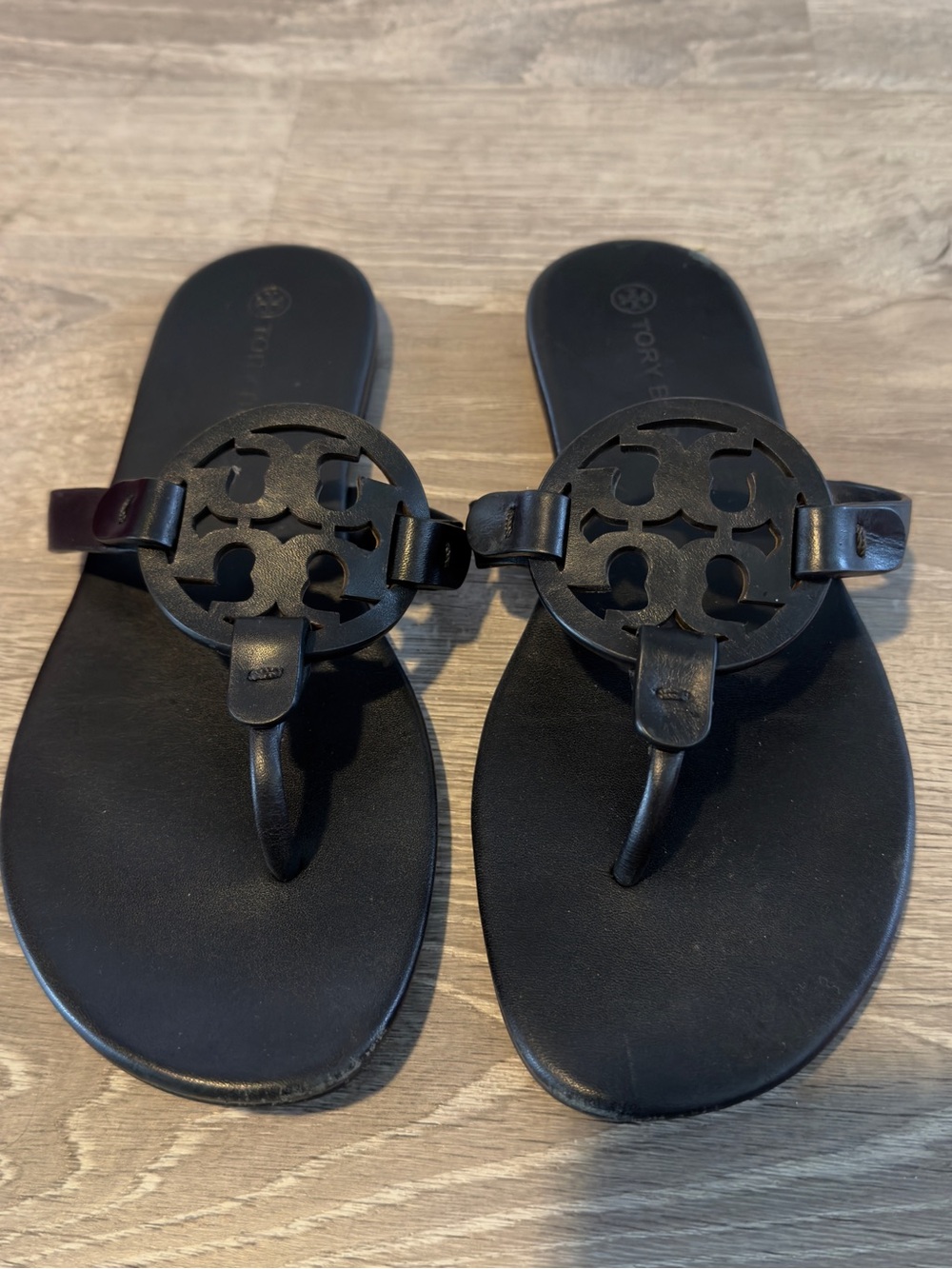 Tory Burch Black Leather Logo Thong Sandals